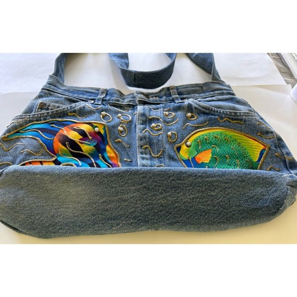 Lee Jeans Up Cycled Boho Purse Pearl Studs Gold Trim Fish Pockets Catch Closure - Picture 6 of 13